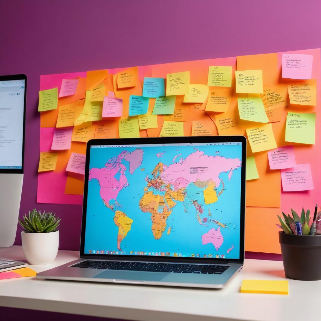 A digital workspace featuring a diverse group of creators brainstorming ideas, laptops open with blog posts, coffee cups scattered, colorful sticky notes on a wall, and a glowing globe representing the online world. The atmosphere is vibrant and collaborative, showcasing creativity and connection. super-realistic. vibrant colors. clean background.