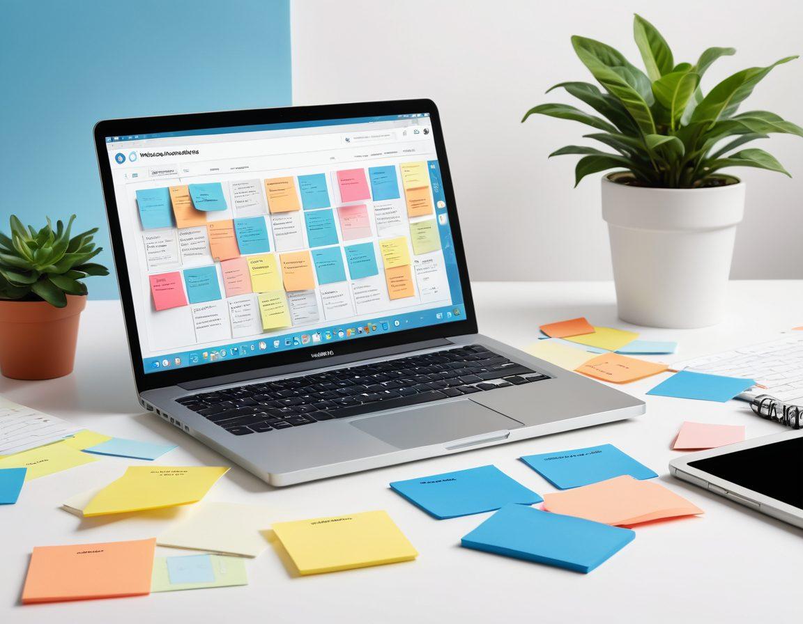 A creative workspace filled with colorful sticky notes, a laptop open to a blog page, and a potted plant adding freshness. Surrounding the scene are snippets of text and digital icons representing social media and analytics. The background features a soft gradient of blue and white, evoking a sense of inspiration. super-realistic. vibrant colors. white background.