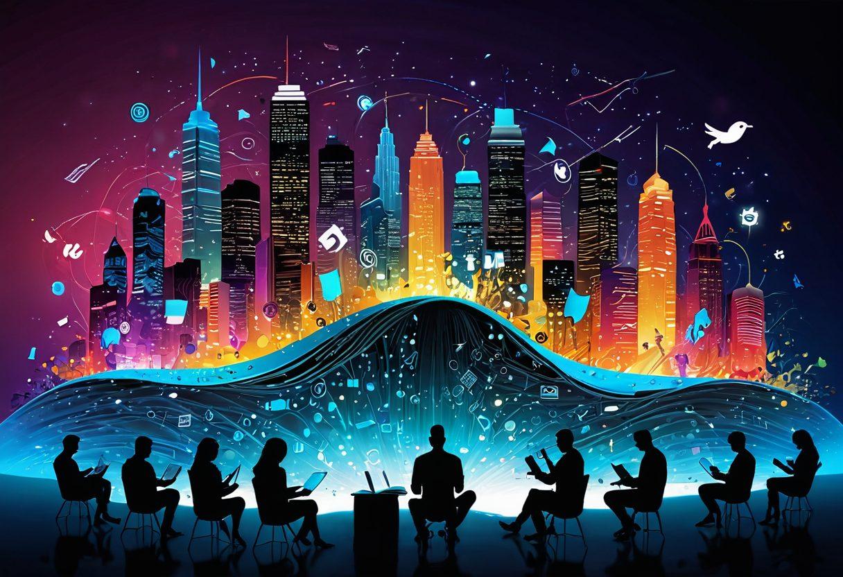 A captivating digital landscape filled with open books transforming into glowing bits of data, symbolizing the fusion of storytelling and technology. The foreground features a diverse group of creators and storytellers engaged in brainstorming and writing, surrounded by floating social media icons and vibrant, swirling colors representing ideas. In the background, a digital skyline emerging from a sea of information, suggesting the limitless possibilities of the blogosphere. super-realistic. vibrant colors. 3D.